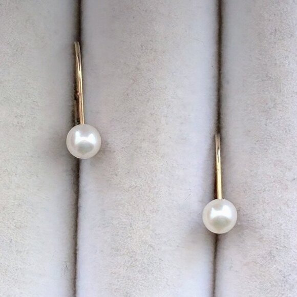 Designer Solid 14K 585 Yellow Gold White Pearl Lever Back Pierced Earrings - Picture 3 of 6
